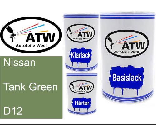 Nissan, Tank Green, D12: 500ml Lackdose + 500ml Klarlack + 250ml Härter - Set, von ATW Autoteile West.